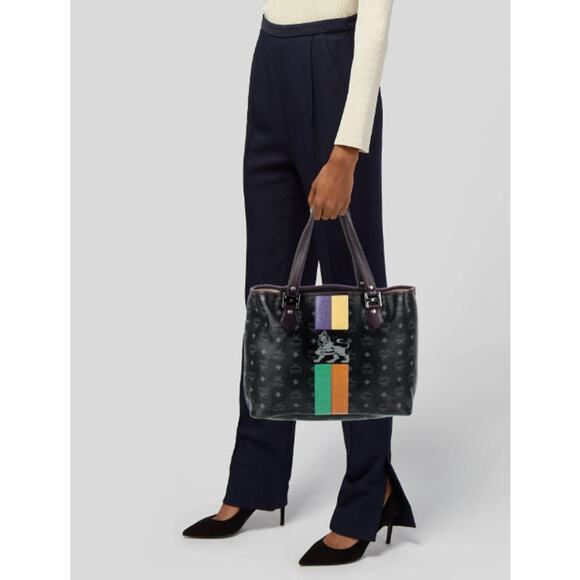 MCM Handbags - MCM Monogram Visetos Lion Shopper Tote Coated Canvas Shoulder Bag Black